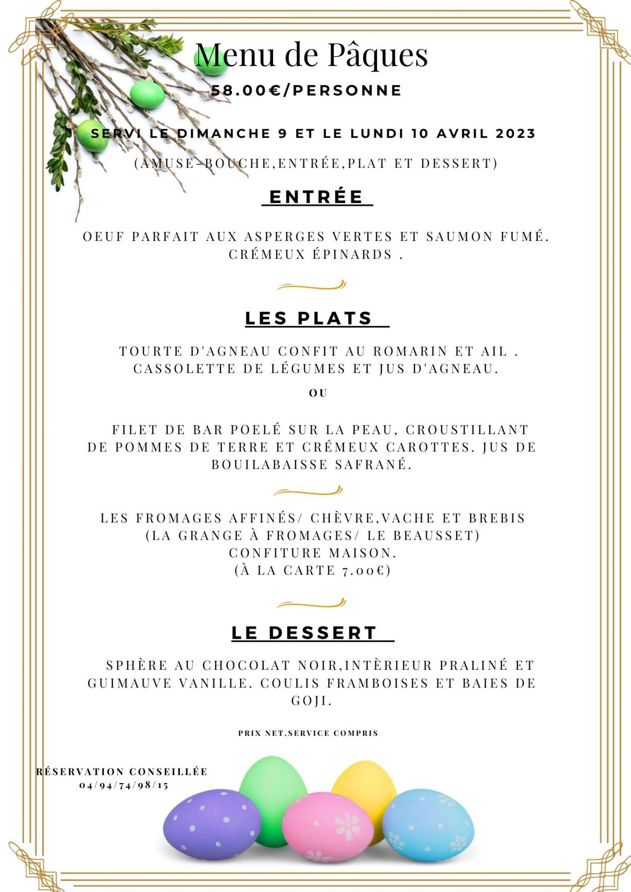 Menu de Pâques 2023 Hôtel Restaurant La Cauquière