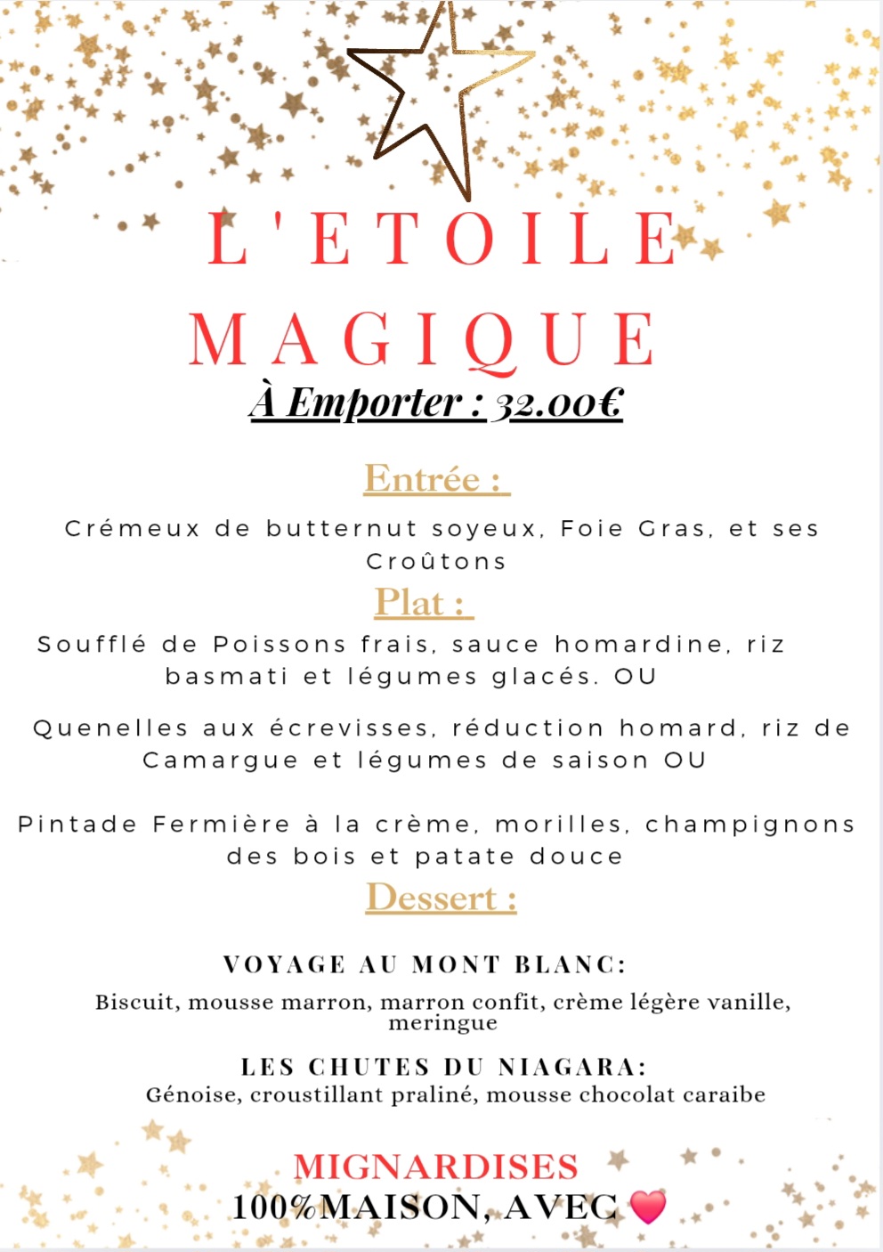 Menu à Emporter ou en Livraison Offerte les 24 et 25/12 Réservation avant le 21 Décembre